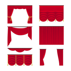 Red realistic curtains set isolated on white background. Draperies interior decoration object. Vector illustration.