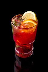 Alcoholic or non-alcoholic grapefruit, citrus, berry cocktail with liqueur, vodka, champagne or martini. Cool drink. Easy Bartenders Recipes and Ideas isolated on black background. Cocktail card