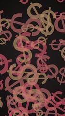 Multicolored translucent dollar signs on dark background. Orange tones. 3D illustration