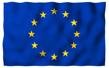 Slightly waving flag of the European Union isolated on white background, 3D rendering. Symbol of Europe. 3D illustration