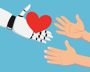 White robotic hand holding red heart and hands of a man