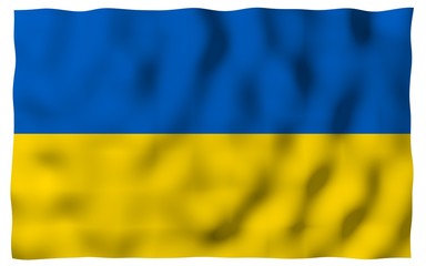 The flag of Ukraine on a white background. National flag and state ensign. Blue and yellow bicolour. 3D illustration waving flag