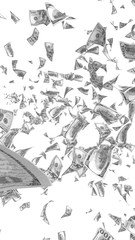 Naklejka premium Flying dollars banknotes isolated on white background. Money is flying in the air. 100 US banknotes new sample. Black and white style. 3D illustration