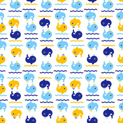 Fototapeta premium Sea life, whales on the waves. Seamless pattern. Vector