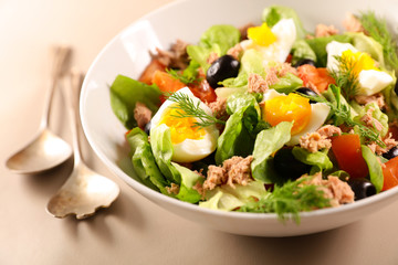 bowl of vegetable salad with egg and tuna fish