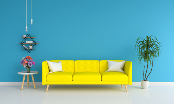 Yellow Sofa  In Blue Living Room, 3D Rendering