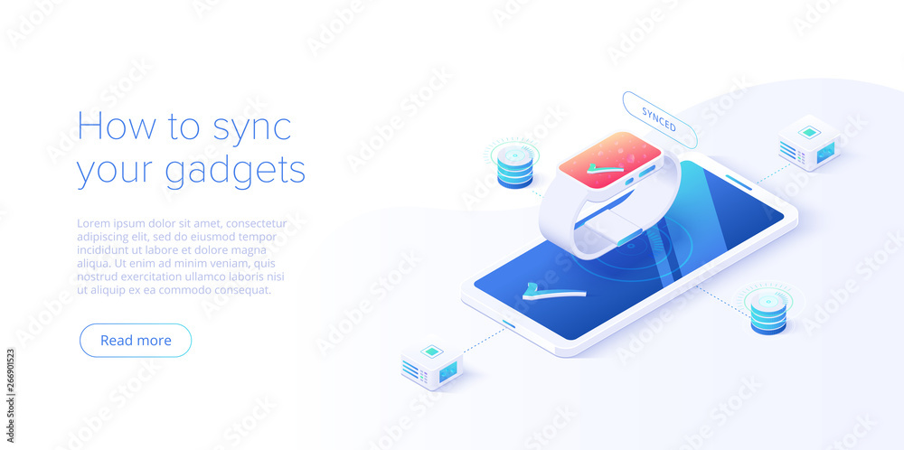 Wall mural smartphone and smart watch synchronization concept in isometric vector illustration. iot wireless te