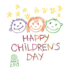 Happy Children's Day. Doodle holiday illustration to the International Children's Day. Children Art style drawing with colored pencils sketch. Vector logo with three funny baby faces and yellow stars 