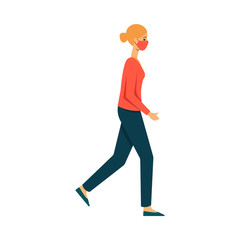 Young caucasian blonde girl in a sweater and pants goes in a red protective mask.