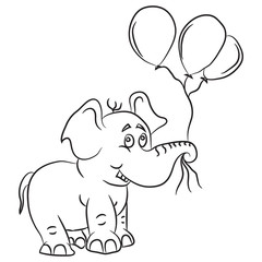 Cartoon doodle illustration of cute elephant holding balloons for t-shirt print design, postcards