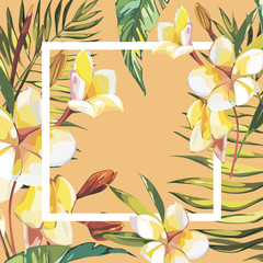 Fototapeta na wymiar Banner, poster with palm leaves, jungle leaf. Beautiful floral tropical summer background.