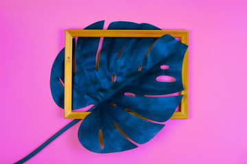 Vibrant bold blue tropical monstera leaf with photo frame on pink background with copy space. Art neon surrealism concept