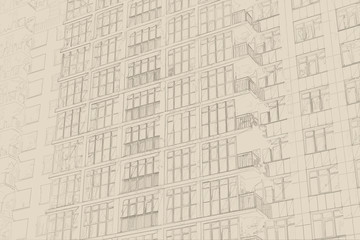 Illustration of a sketch of a building in the style of constructivism. Industrial high-rise multi-storey building. Project draft of a high-rise residential building. Pattern advertising residential