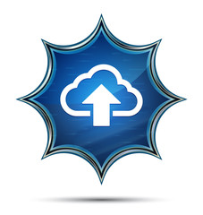 Cloud upload icon magical glassy sunburst blue button