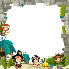 cartoon scene with cavemen territory and pirate captain frame for text - illustration for the children