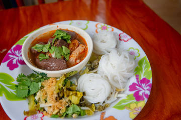 Thai Rice Noodles with Spicy Pork Sauce, Thai food