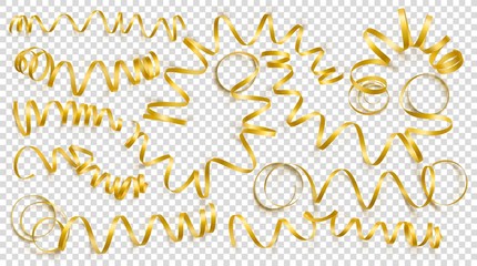 Set of realistic gold ribbons on transparency background. Vector illustration. Can be used for greeting card, holidays, banners, gifts and etc.