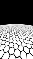 White honeycomb on a dark background. Perspective view on polygon look like honeycomb. Ball, planet, covered with a network, honeycombs, cells. 3D illustration