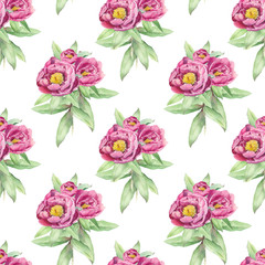 Bouquet of peonies. Watercolor flower seamless pattern on white background. Floral background for textile, wallpaper, pattern fills, covers, surface, print, gift wrap, scrapbooking, decoupage. 