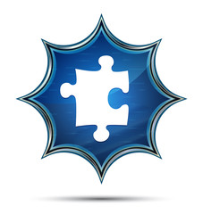 Puzzle icon magical glassy sunburst blue button