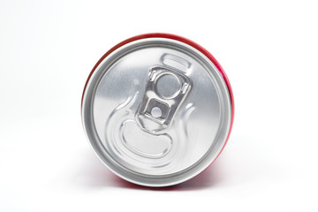 Angle view of aluminum soda can on white background