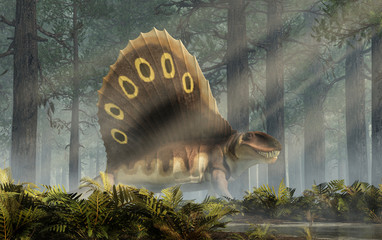 A brown dimetrodon, a prehistoric sail-backed creature that predates the dinosaurs, stands in a sunlit permian forest bearing its sharp teeth.