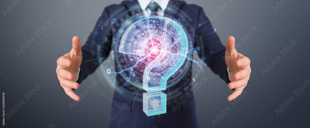 Fototapete Businessman solving problem with digital question marks 3D rendering