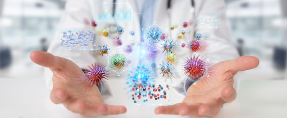 Doctor using digital nanobot virus 3D rendering - obrazy, fototapety, plakaty