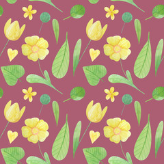 seamless pattern with cute watercolor illustration of stylized flowers.