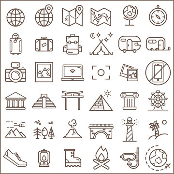 travel line icon set. Included the icons as destination, globe, compass, map,  suitcase, backpack and more
