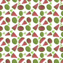 Hand drawn watercolor watermelon pattern. Summer illustration. Watermelon design element, template for summer background.