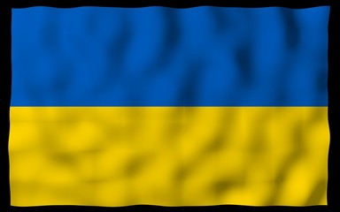 The flag of Ukraine on a dark background. National flag and state ensign. Blue and yellow bicolour. 3D illustration waving flag