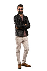 Naklejka premium Handsome man with beard with glasses and happy over isolated white background