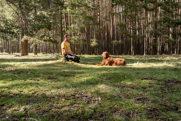 Hombre y su perro sentados uno enfrente del otro y mirándose el uno al otro en un bonito parque. Mejores amigos.