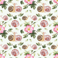 Roses and shells. Watercolor flower seamless pattern