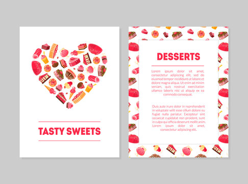 Tasty Sweets Desserts Banner Templates Set with Sweets Pattern and Place for Text, Candy Shop, Restaurant, Cafe, Confectionery, Bakery Design Element Vector Illustration