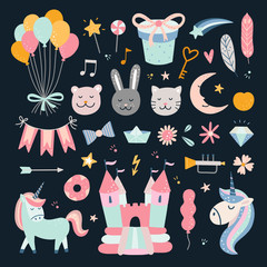 Kids vector set for birthday parties: bouncy castle, balloons and cute animals