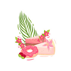 Two pieces of cake with a donut in a pink icing. Vector illustration on white background.