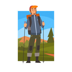 Nordic Walking Tour, Man with Backpack and Poles in Summer Mountain Landscape, Outdoor Activity, Travel, Camping, Backpacking Trip or Expedition Vector Illustration