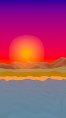 Sun Sea Beach. Sunrise. Ocean shore line with waves on a beach. Island beach paradise with waves. Vacation, summer, relaxation. Seascape, seashore. Minimalist landscape, primitivism. 3D illustration