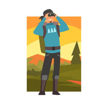 Man with Backpack Looking Through Binoculars, Guy in Summer Mountain Landscape, Outdoor Activity, Travel, Camping, Backpacking Trip or Expedition Vector Illustration