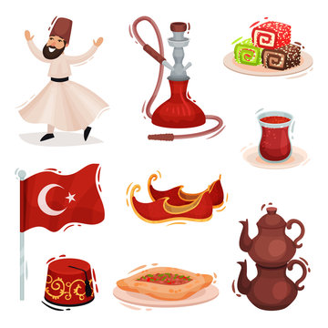 Collection Turkish national symbols. Vector illustration on white background.