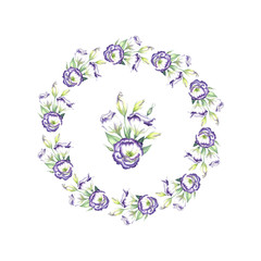 Invitation with  Purple Eustoma Lisianthus. Watercolor flower frame in vintage style. Watercolor hand drawn Illustration.