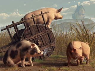 A trio of rebellious pigs has found a clearing by an old wooden cart in the farmer's fields to conduct their mischief. While one smokes a pipe and another a cigarette, a third is lookout. 3D Rendering © Daniel Eskridge