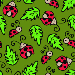 Ladybugs seamless pattern. Vector repeating wallpaper with cute doodle ladybirds. 