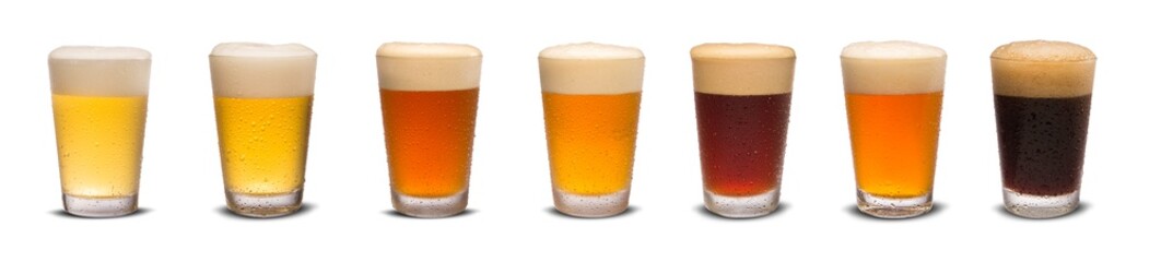 Set of many beer glasses with different beer isolate on white background.