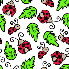 Seamless pattern with red ladybugs on white background, vector illustration with ladybirds