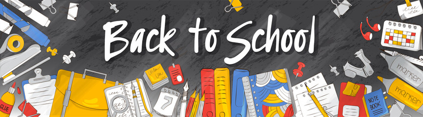 Back to school. The concept of school products. Suitable for graphic design, web banners, printing. Vector illustration on the theme of education, knowledge, learning