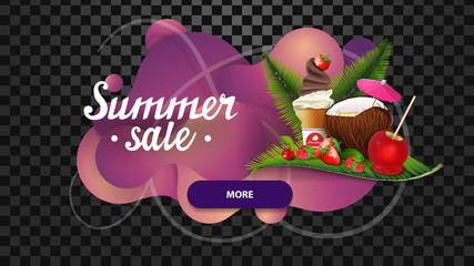 Summer sale, discount web banner in the form of lava lamp with coconut cocktail, strawberry, raspberry, cherry and ice cream on palm leaf
