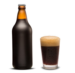 Glass of porter beer and Brown bottle isolated on a white background
